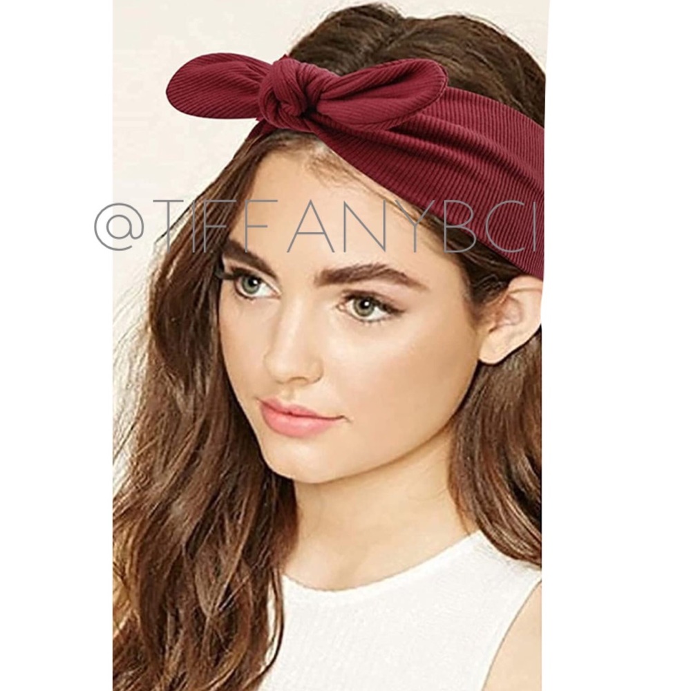Burgundy Boho Stretchy Ribbed Headband - Picture 2 of 4
